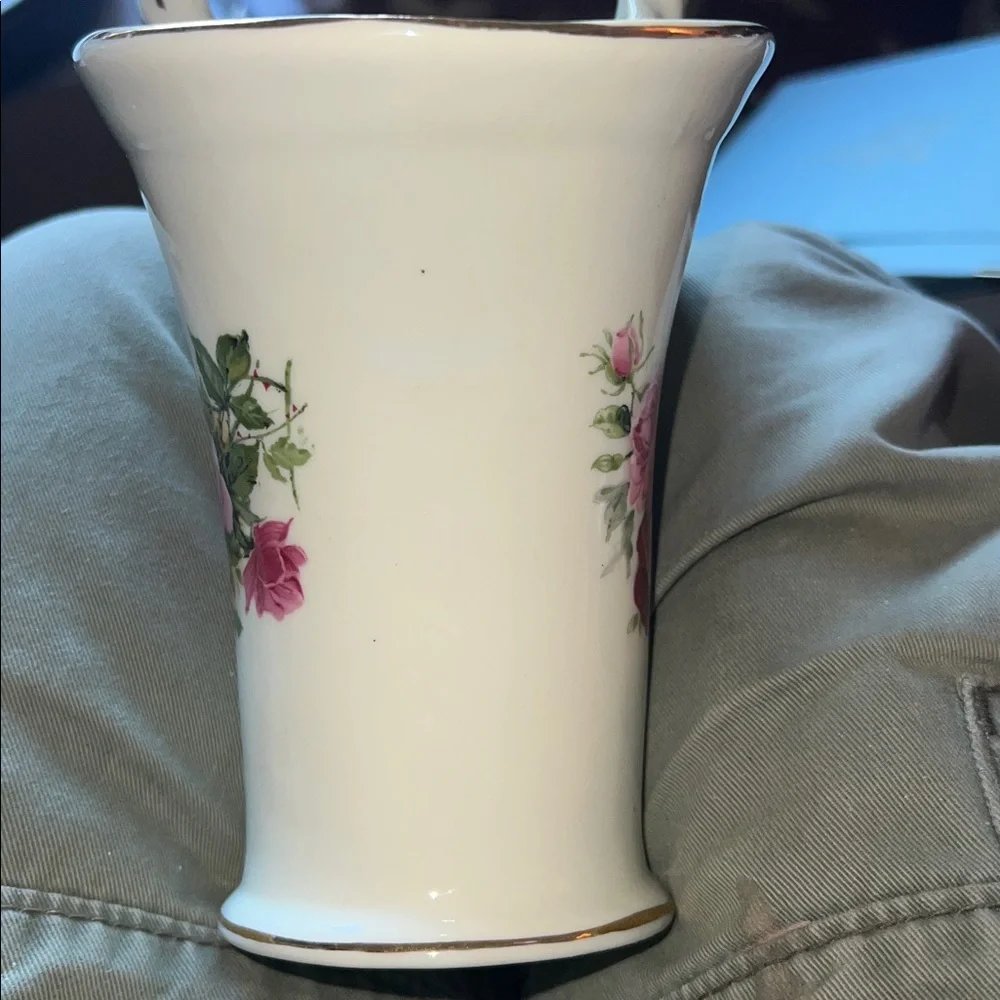 Formalities by Baum Bros Vintage Ceramic Floral Rose Basket Vase Trimmed in Gold